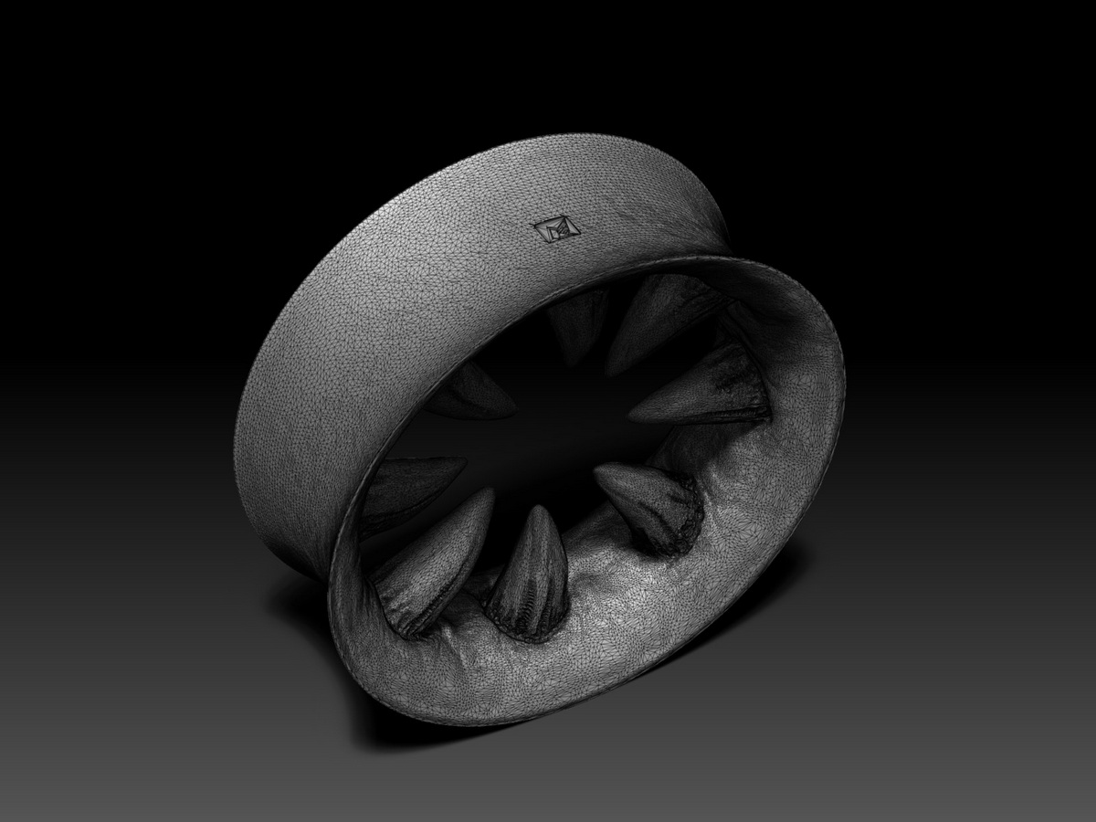 Wireframe view of the fanged ear tunnel digital sculpture, revealing the detailed polygonal mesh and underlying three-dimensional geometry of the sculpted form.